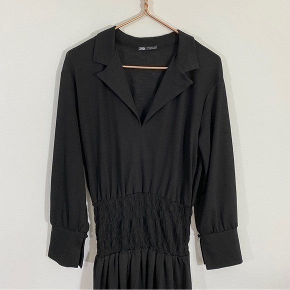 Zara Small Black Smocked Waist Long Sleeve Collared Midi Dress - Picture 3 of 11